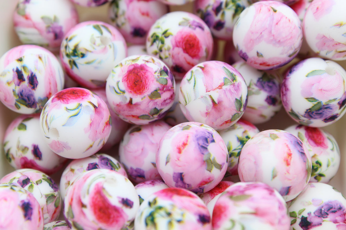 Perle imprimée florale  - Perle en silicone